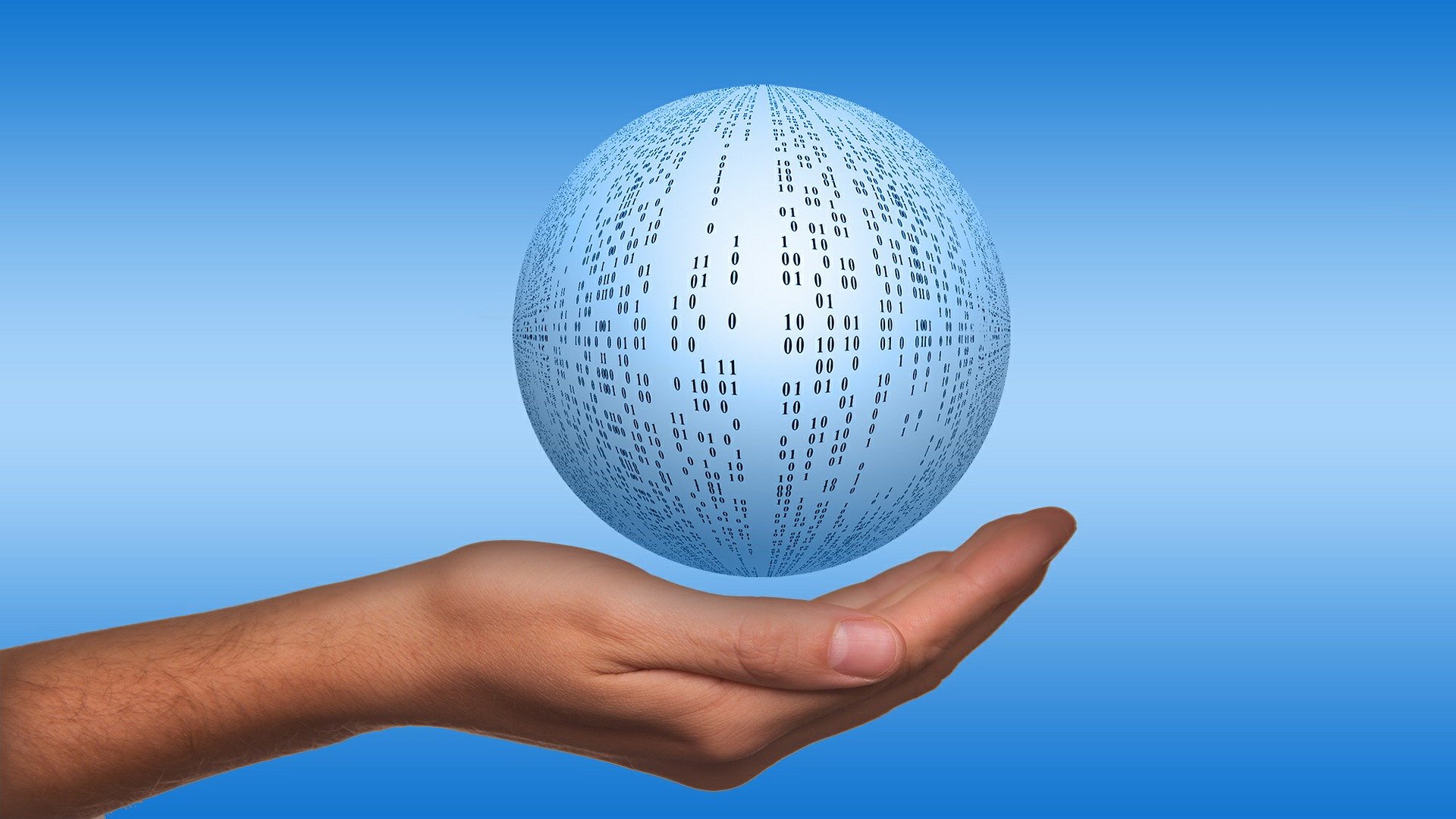 Outstretched hand holding a data sphere.