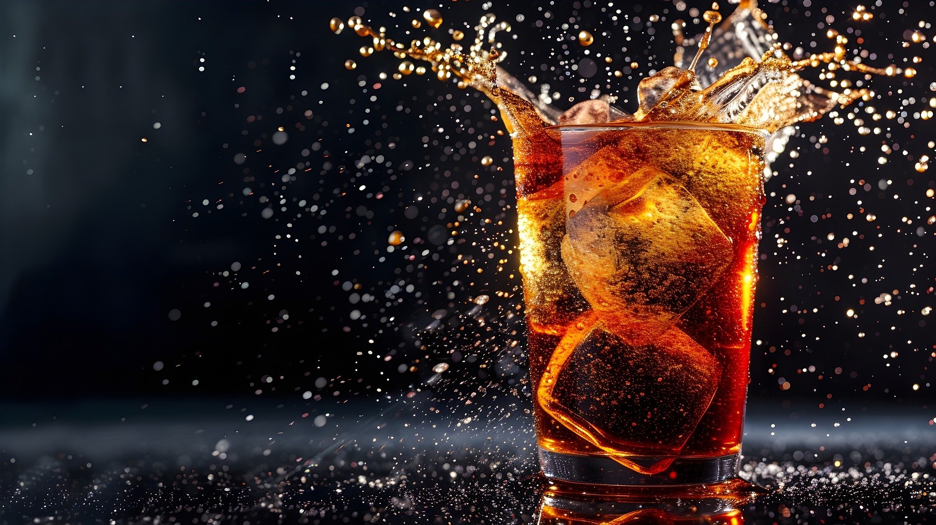 A glass of soda with ice splashing out of the cup.