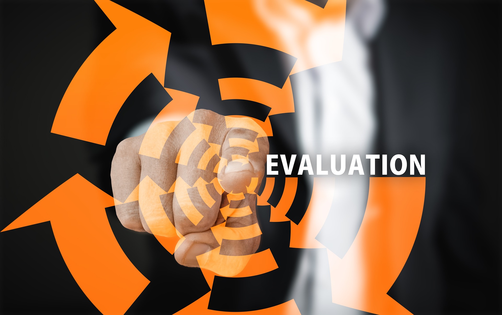 Arrow graphic with man pressing screen where it says 'evaluation.'