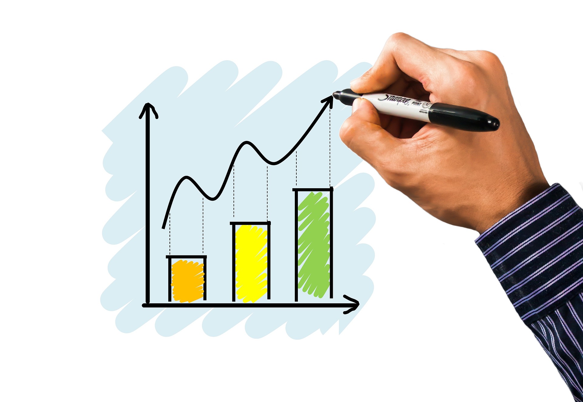 With a marker, creating a chart showing growth moving upwards.