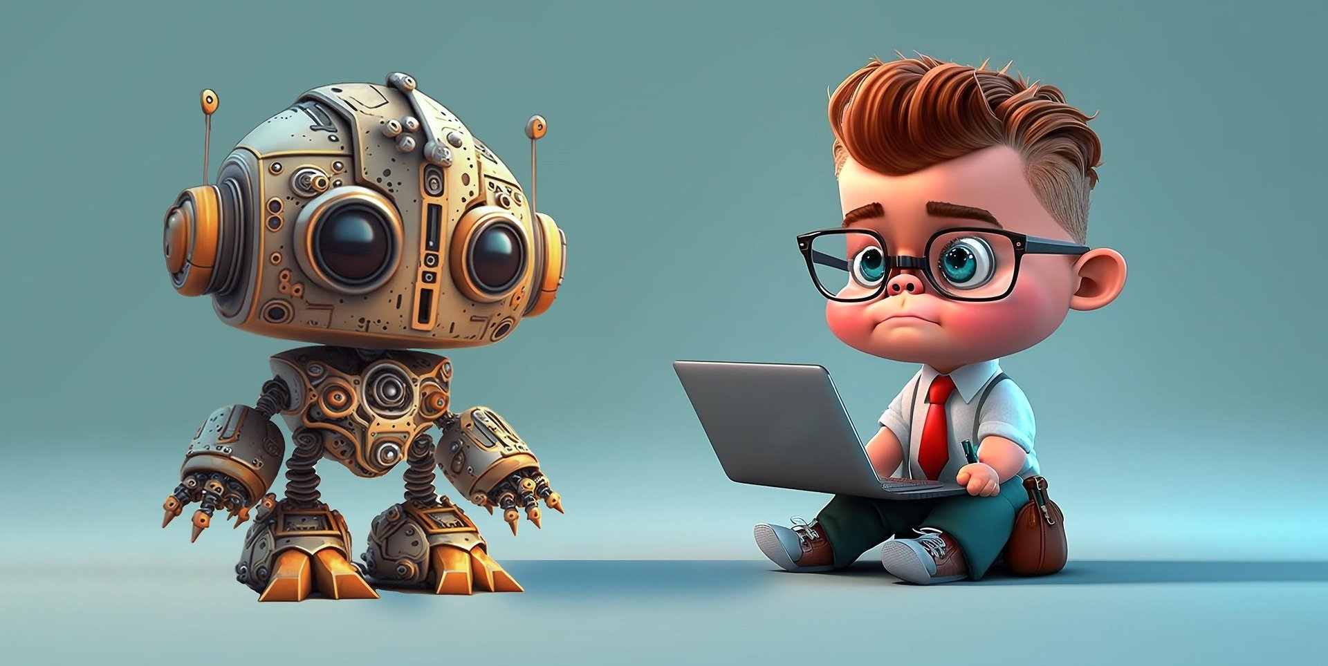 A little cute bot and boy/office worker with laptop, working together?