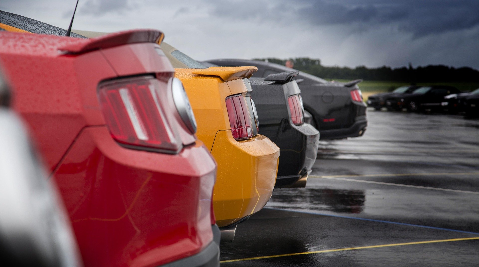 Colorful mustang cars lined up in a row.