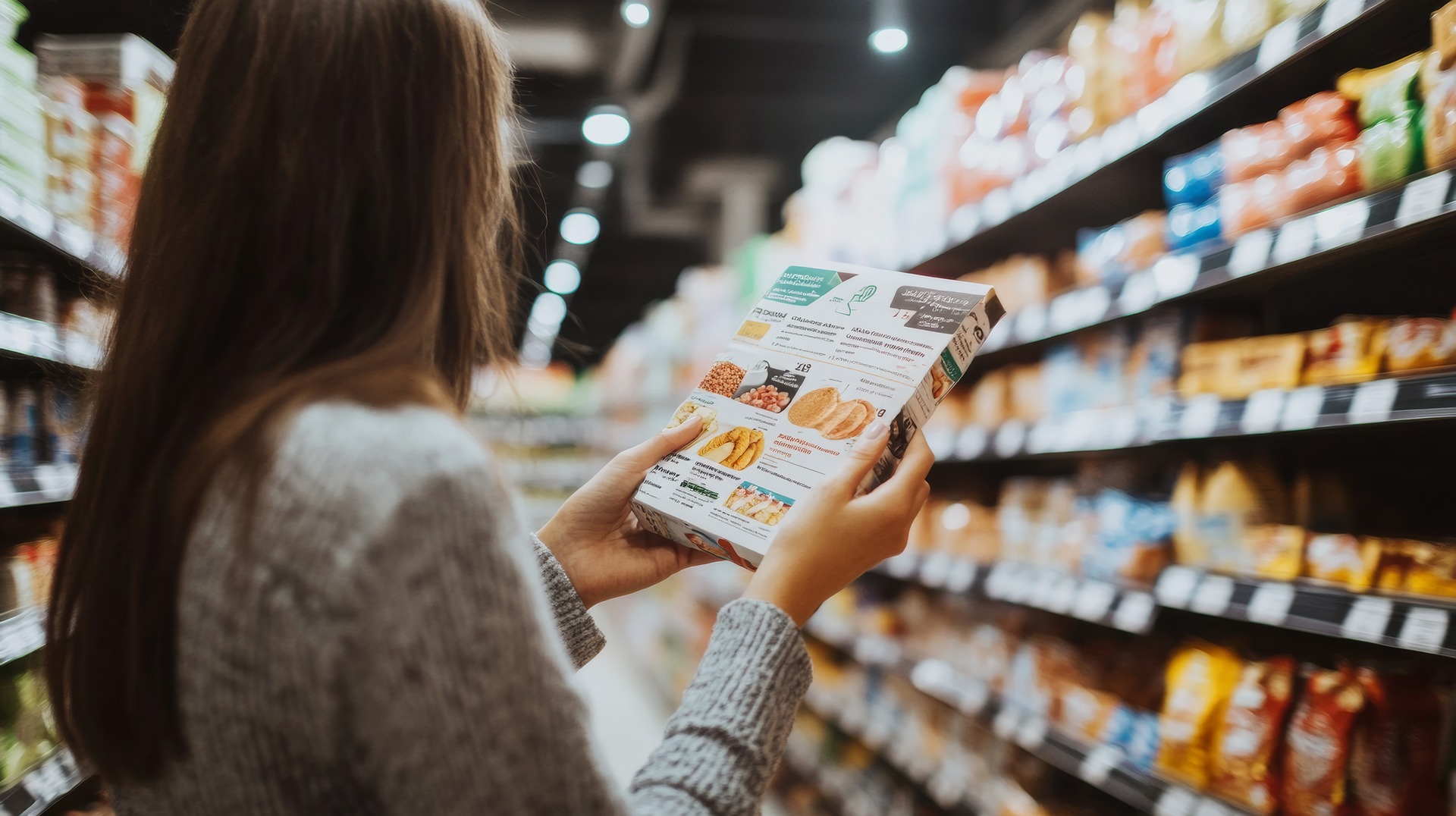 Woman looking at package in a store aisle.