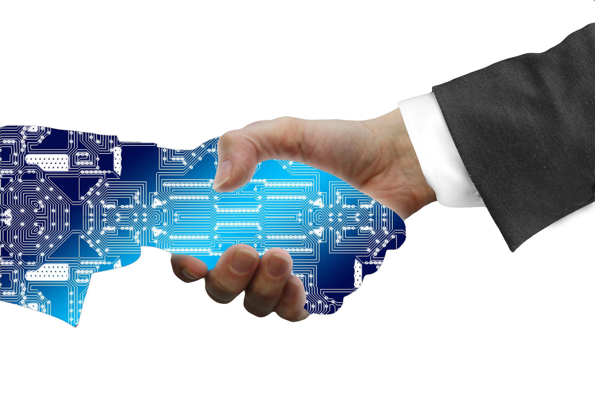 A 'robot' data-like hand shaking the hand of businessperson.
