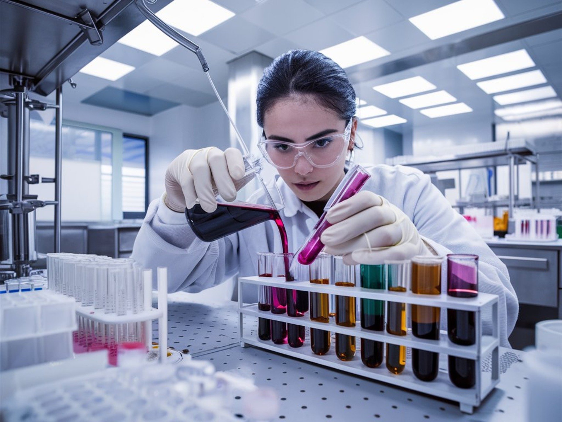 Laboratory worker in lab pouring various beakers and containers.
