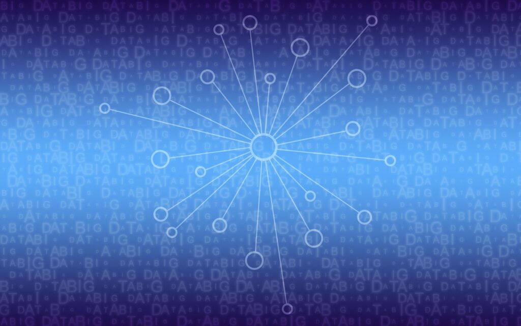 Big data words in the background, with data points in the center.