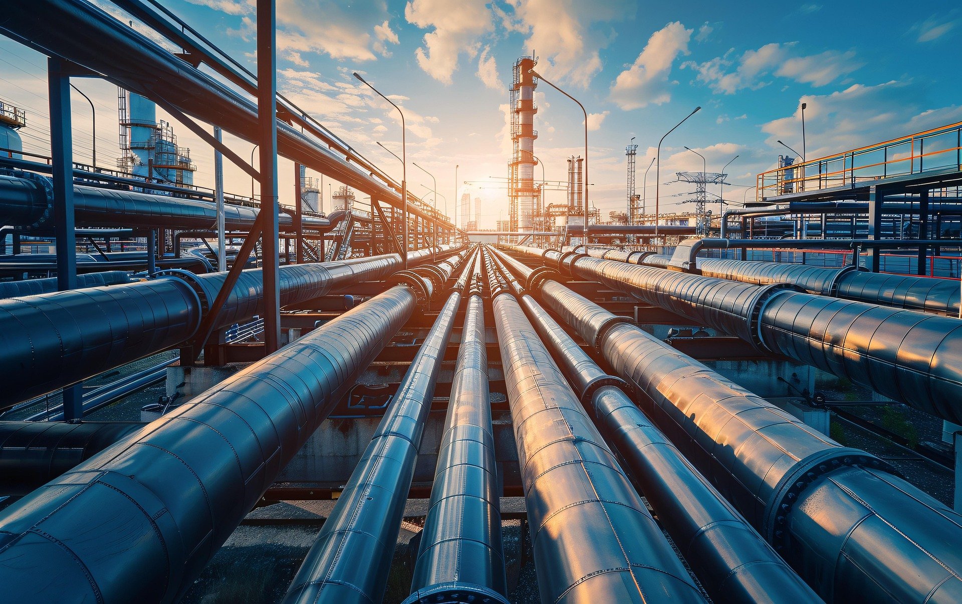 A large array of pipelines in an industrial complex, moving into the distance.