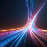 Colorful laser beams moving off and up into the distance.