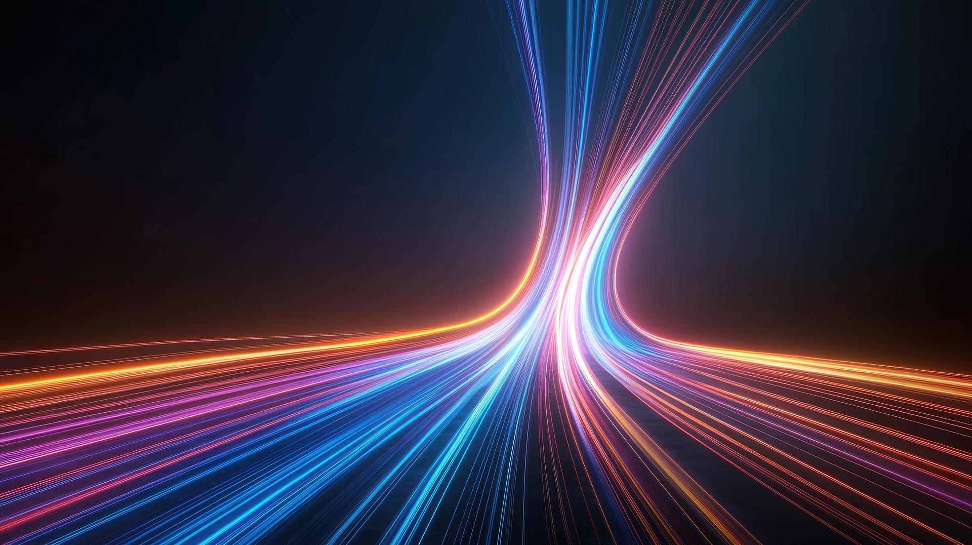 Colorful laser beams moving off and up into the distance.
