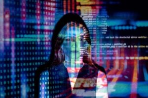 A female data engineer, with screens of data covering her face, overwhelmed.