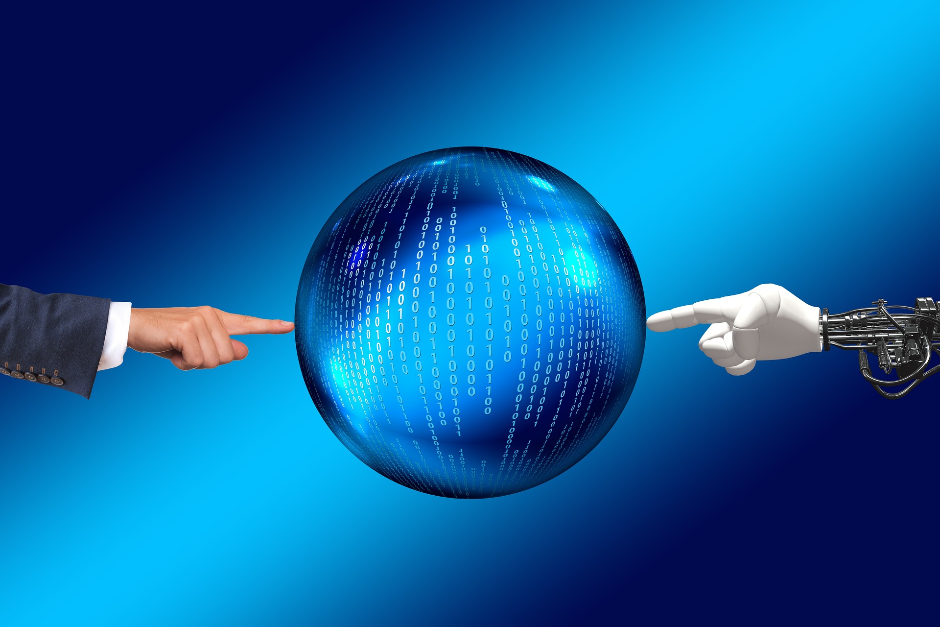 A human hand and a robot hand both touching a data globe.