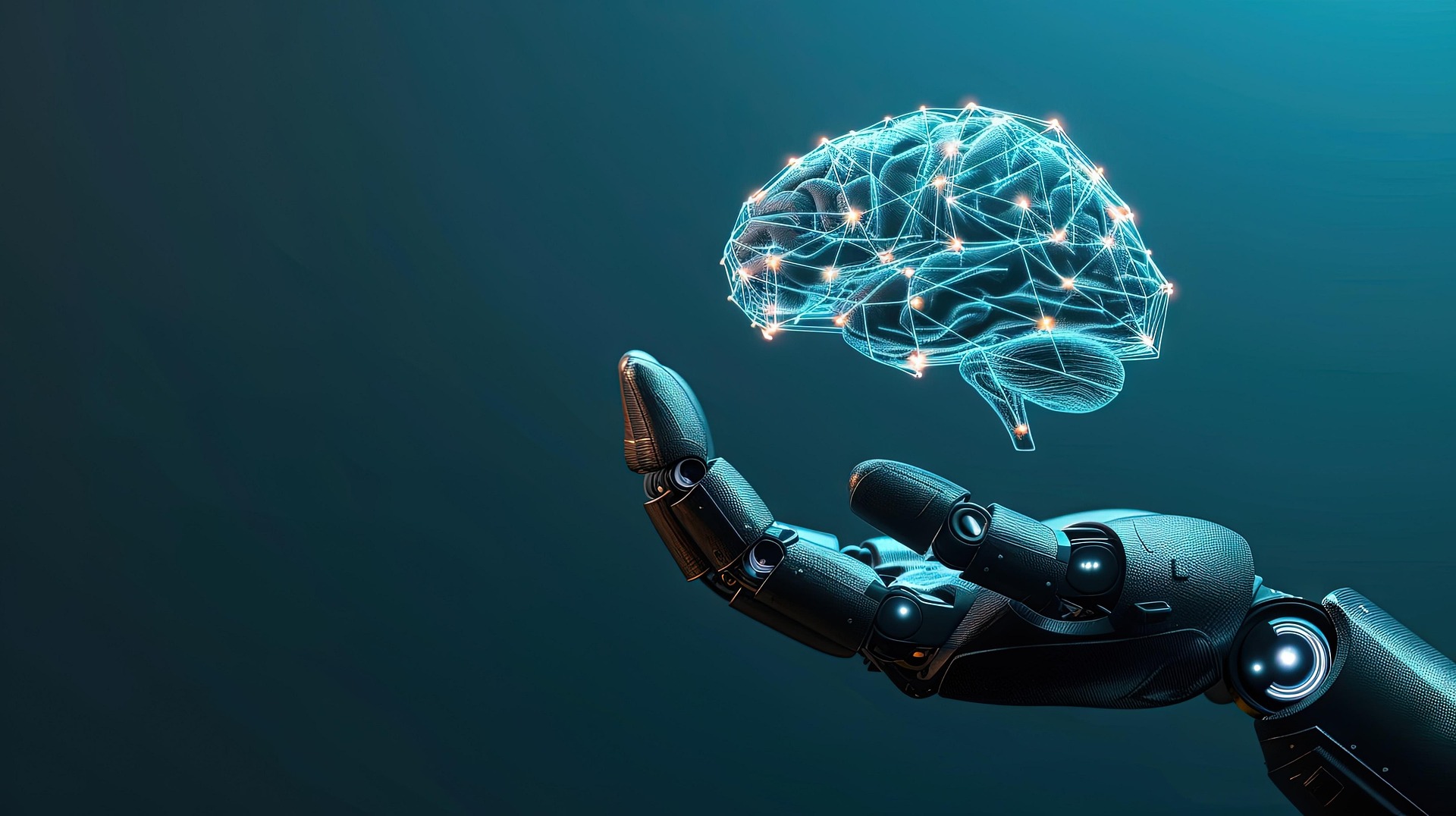 Robot hand holding a floating brain.
