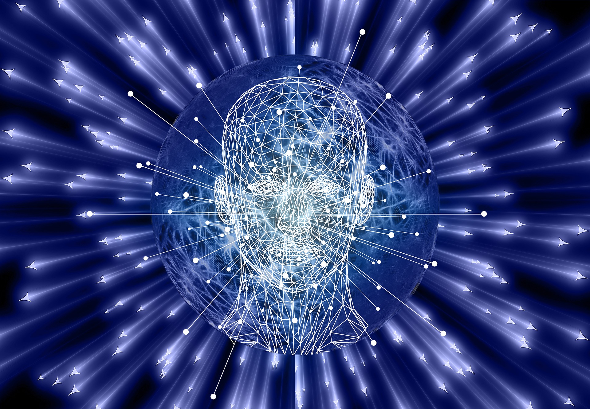 A data point/robotic looking head surrounded by artificial intelligence beams.