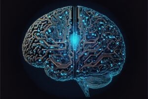A human brain with circuits, symbolizing minds and machines.
