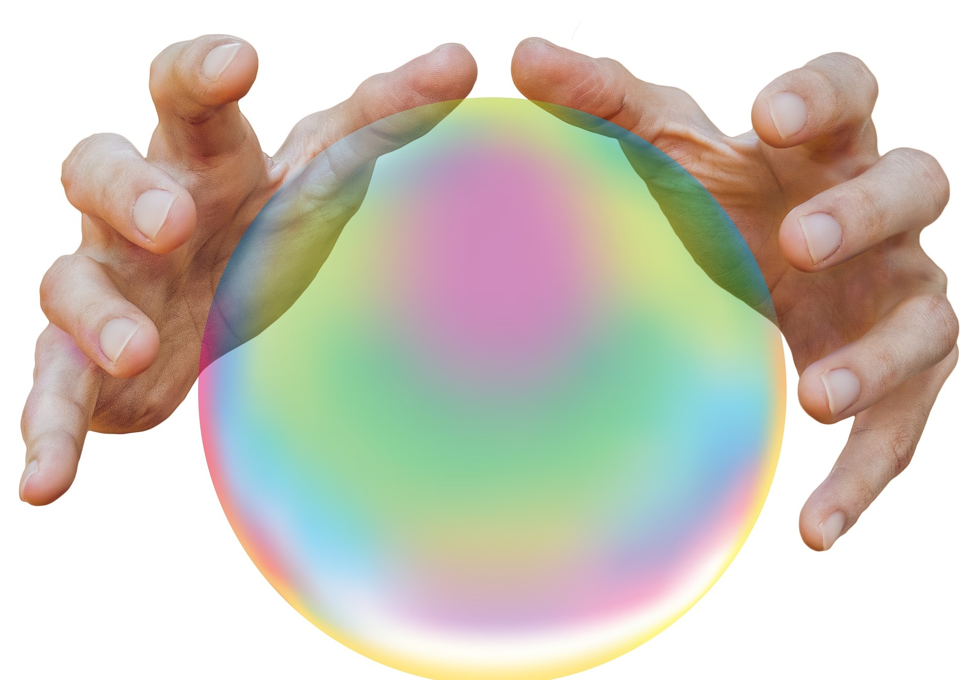 Two hands hovering over crystal ball.
