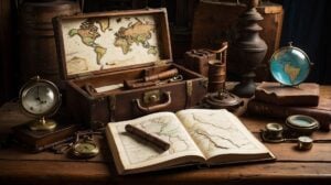 Old fashioned desk and tools like a chest, map, compass, globe, journal like from a ship.