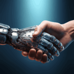 AI robotic hand and human hand shaking as in a business partnership.