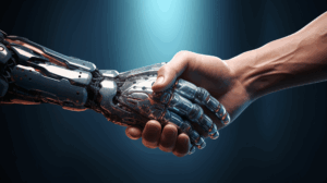 AI robotic hand and human hand shaking as in a business partnership.