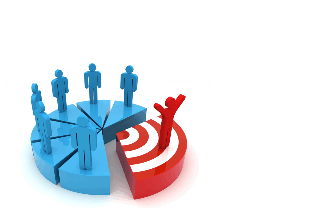 Pie chart graphic with people symbolizing target buyers, one red slice stands out as a target consumer.