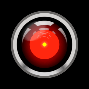 An AI-like red eye image, familiar as HAL 9000 from Space Odyssey movie.
