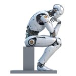 A robot sitting on a block, in a human thinking pose.