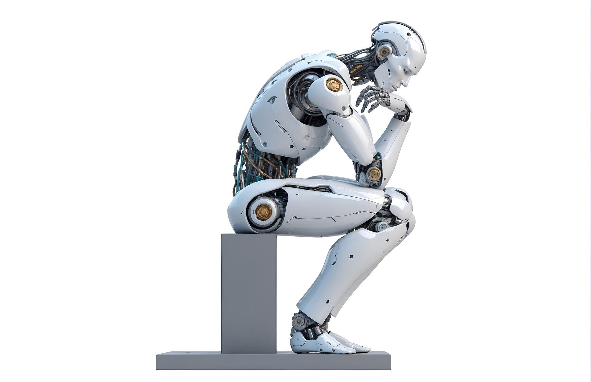 A robot sitting on a block, in a human thinking pose.