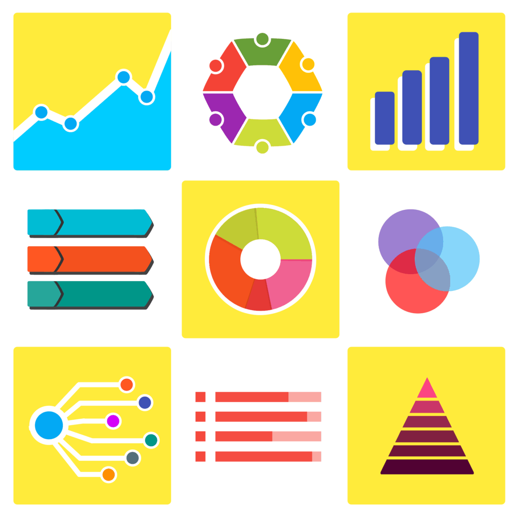 A graphic showing a variety of chart symbols, tables, pie graphs, etc.