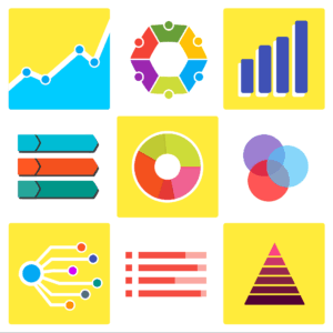 A graphic showing a variety of chart symbols, tables, pie graphs, etc.