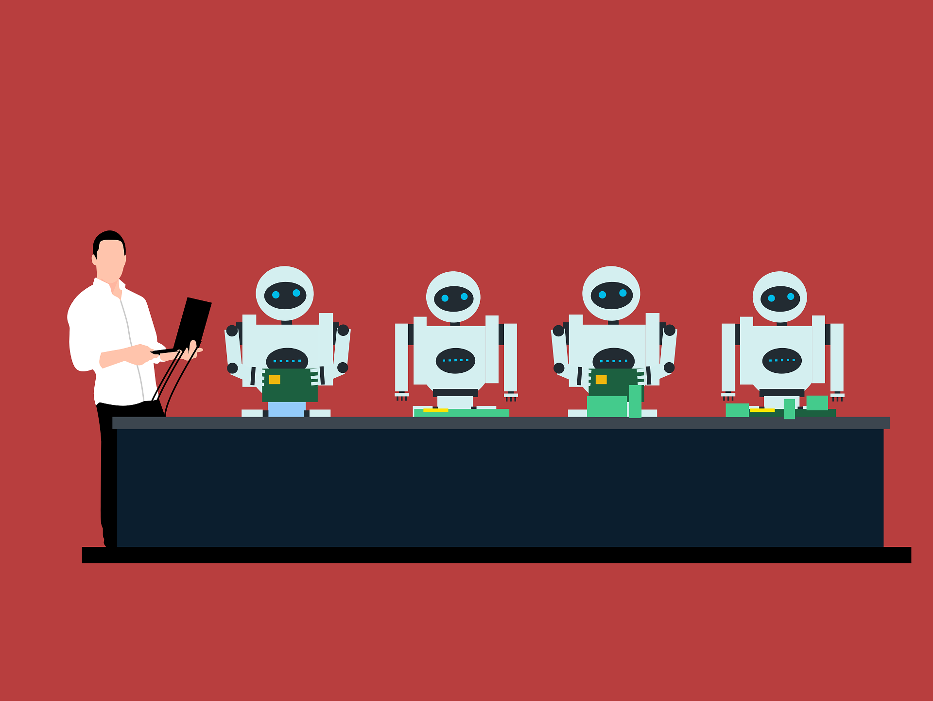 Graphic featuring human supervisor with robot workers at office desks.