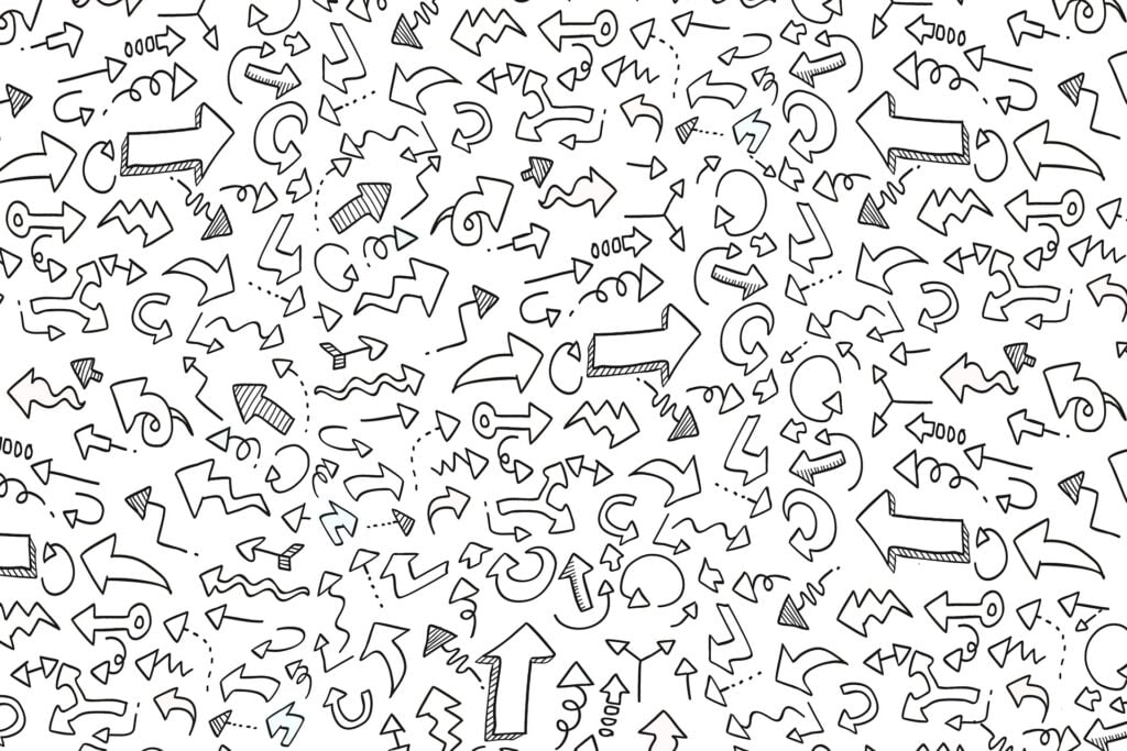 A collage of hundreds of arrow doodles going off in all directions.