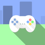 Graphic of a white game controller on a colorful background.