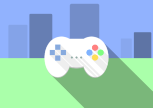 Graphic of a white game controller on a colorful background.
