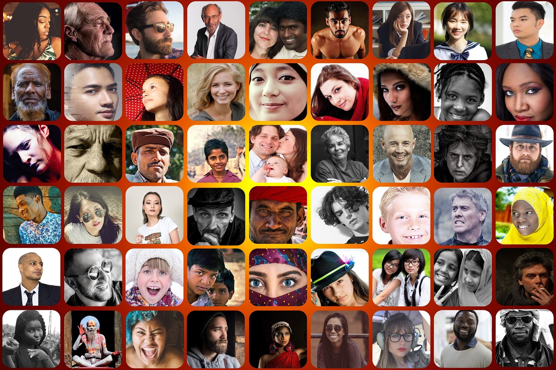A collage of diverse and multicultural faces from social media pictures.