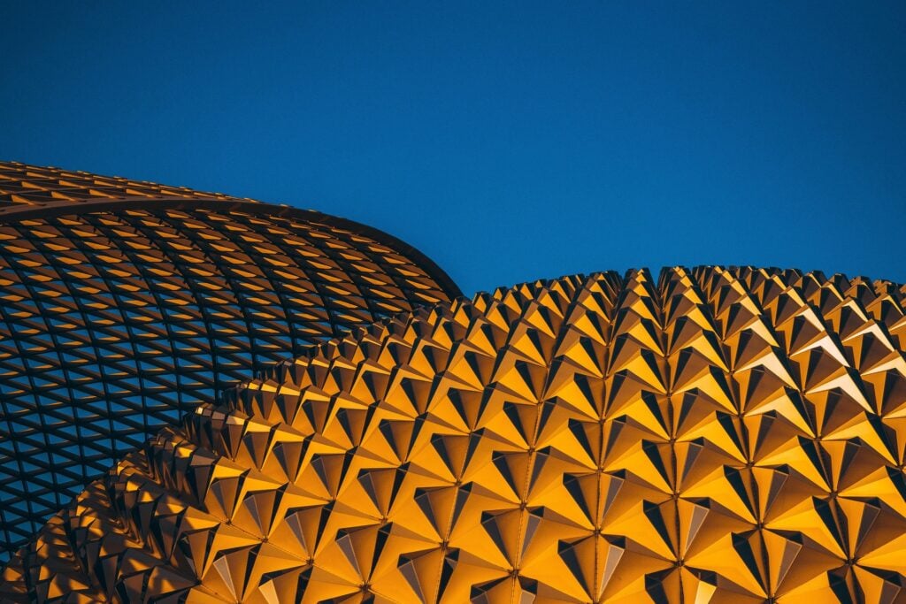 Hexagonal/pyramid like buildings.