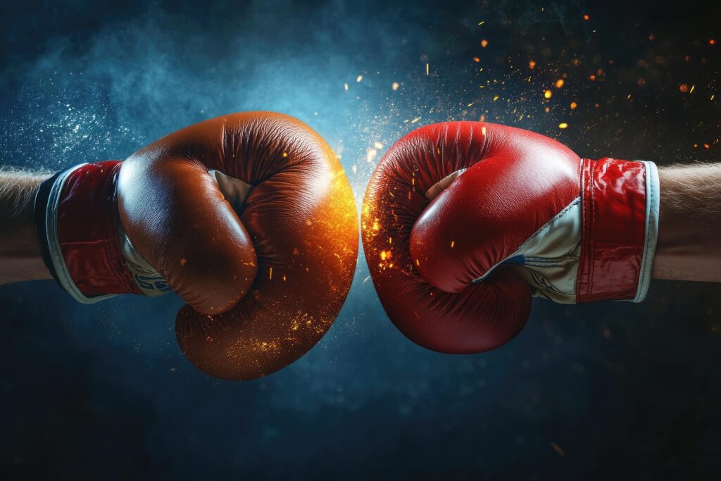 Two boxing gloves being smashed together, making a high impact.