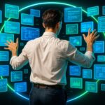 Businessman surrounded by a large amount of neon screens and dashboards.