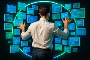 Businessman surrounded by a large amount of neon screens and dashboards.