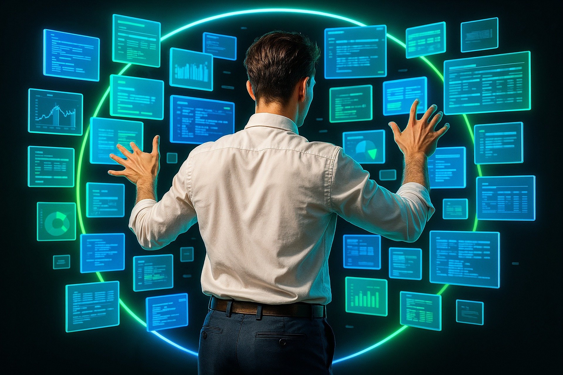 Businessman surrounded by a large amount of neon screens and dashboards.