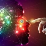 Futuristic AI/humanoid head with human hand touching it, electric currents between them.