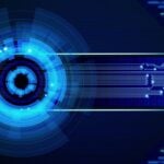 A futuristic and geometric graphic, reminiscent of AI and circuit boards.