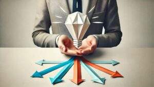 Graphic of businessman holding a light bulb in palm of hands, with arrows branching off in all directions.