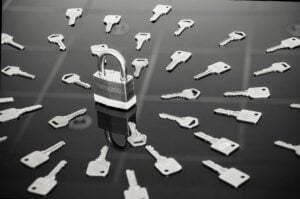 A black and white image showing a padlock surrounded by a grouping of keys.