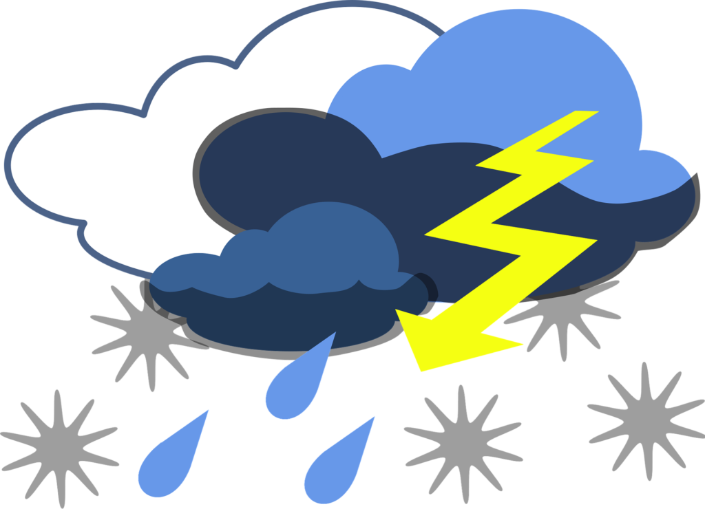 Graphic showing a variety of weather, snow, rain, lightning, clouds and so on.