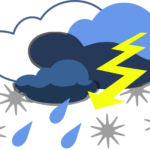 Graphic showing a variety of weather, snow, rain, lightning, clouds and so on.
