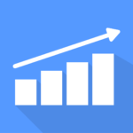 A retro looking bar chart with arrow pointing upwards to signify growth.