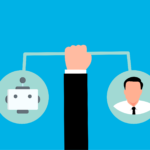 Graphic showing a hand holding a scale with a representation of a robot on one side, and a human businessman on the other.