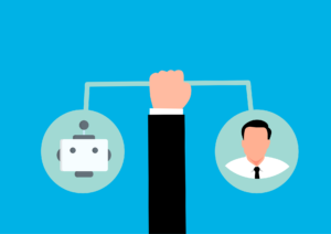 Graphic showing a hand holding a scale with a representation of a robot on one side, and a human businessman on the other.