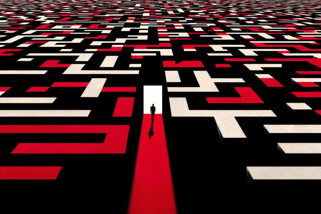 A graphic showing a person at the start of a large maze with many pathways.
