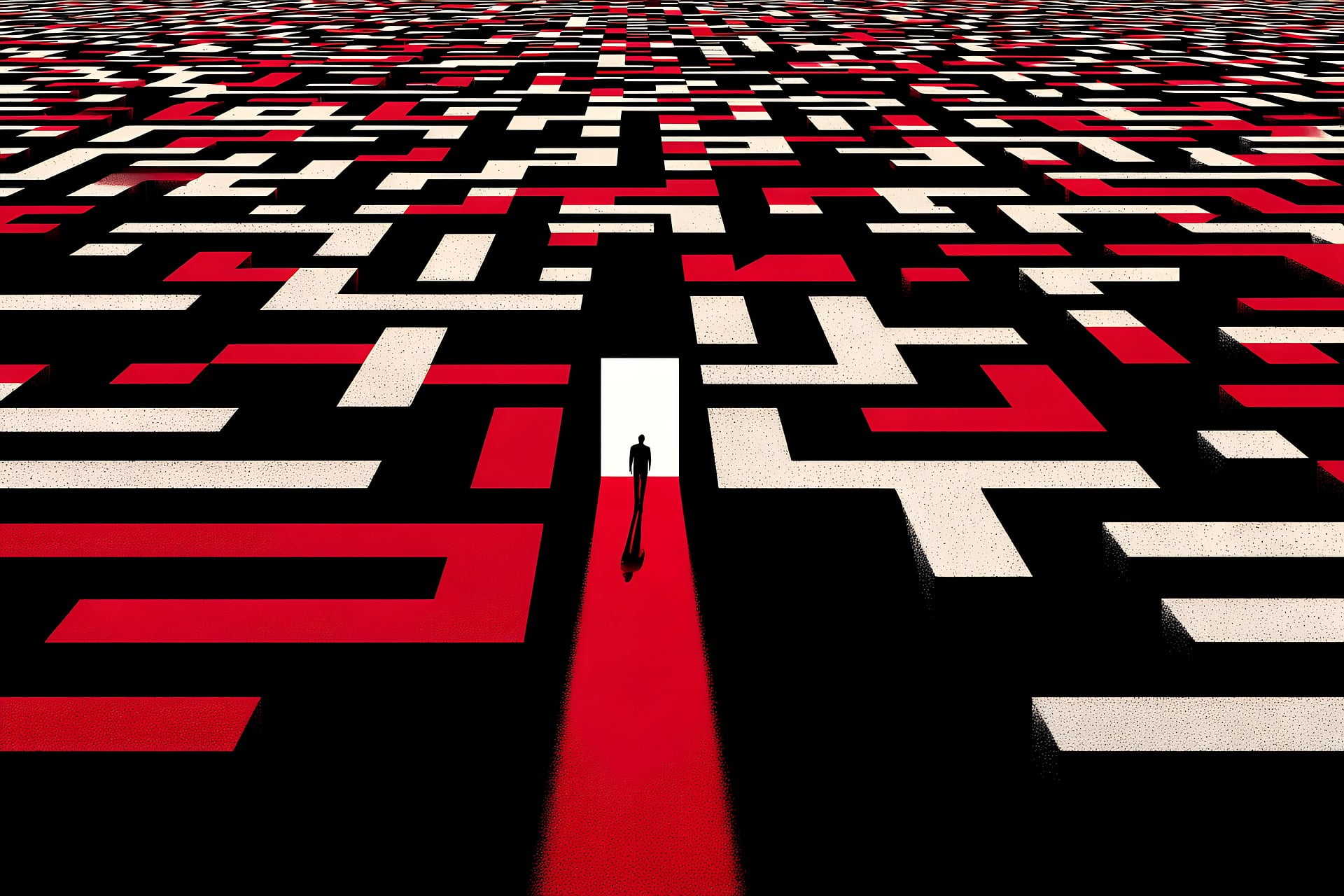 A graphic showing a person at the start of a large maze with many pathways.