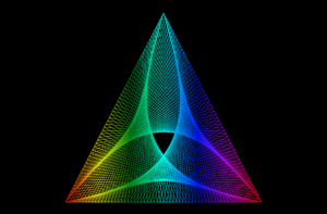 A graphic of a triangle showing a lot of angles, vectors and curves all intersecting in the center.